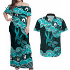 Cyan Ribbon PTSD Awareness Month Couples Matching Off Shoulder Maxi Dress and Hawaiian Shirt Aboriginal Art - Aussie Hoodie