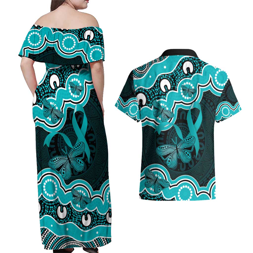 Cyan Ribbon PTSD Awareness Month Couples Matching Off Shoulder Maxi Dress and Hawaiian Shirt Aboriginal Art - Aussie Hoodie