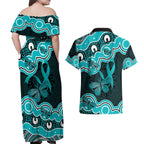 Cyan Ribbon PTSD Awareness Month Couples Matching Off Shoulder Maxi Dress and Hawaiian Shirt Aboriginal Art - Aussie Hoodie
