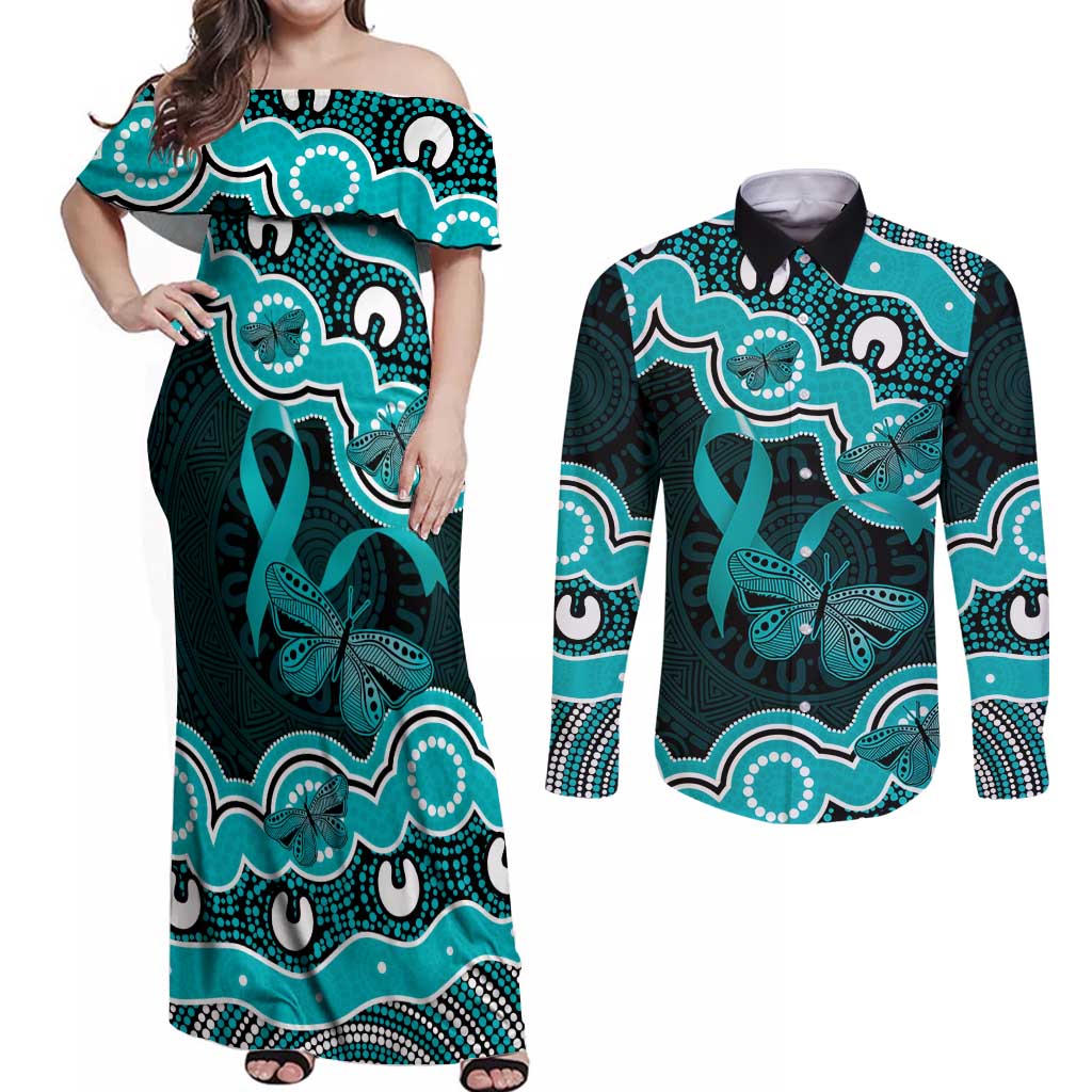 Cyan Ribbon PTSD Awareness Month Couples Matching Off Shoulder Maxi Dress and Long Sleeve Button Shirt Aboriginal Art - Aussie Hoodie