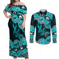 Cyan Ribbon PTSD Awareness Month Couples Matching Off Shoulder Maxi Dress and Long Sleeve Button Shirt Aboriginal Art - Aussie Hoodie