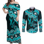 Cyan Ribbon PTSD Awareness Month Couples Matching Off Shoulder Maxi Dress and Long Sleeve Button Shirt Aboriginal Art - Aussie Hoodie