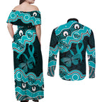 Cyan Ribbon PTSD Awareness Month Couples Matching Off Shoulder Maxi Dress and Long Sleeve Button Shirt Aboriginal Art - Aussie Hoodie