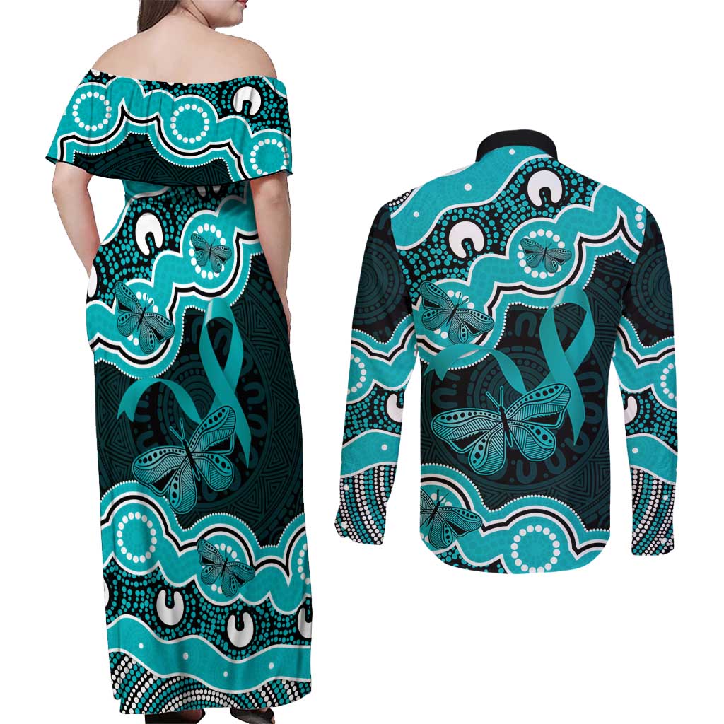 Cyan Ribbon PTSD Awareness Month Couples Matching Off Shoulder Maxi Dress and Long Sleeve Button Shirt Aboriginal Art - Aussie Hoodie