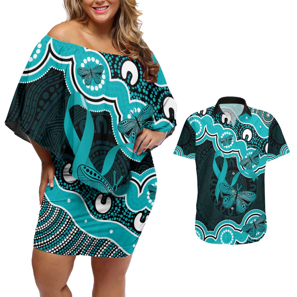 Cyan Ribbon PTSD Awareness Month Couples Matching Off Shoulder Short Dress and Hawaiian Shirt Aboriginal Art - Aussie Hoodie