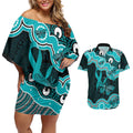 Cyan Ribbon PTSD Awareness Month Couples Matching Off Shoulder Short Dress and Hawaiian Shirt Aboriginal Art - Aussie Hoodie
