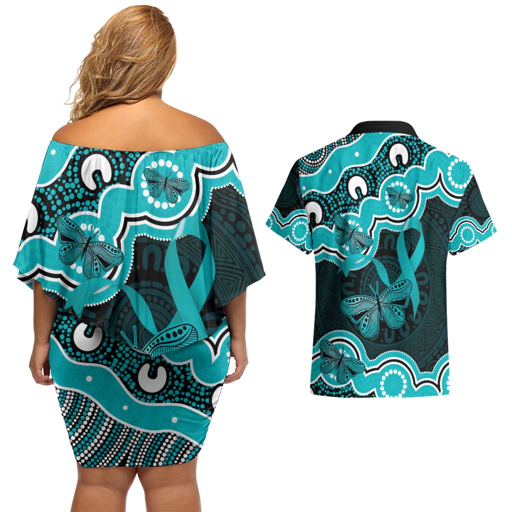 Cyan Ribbon PTSD Awareness Month Couples Matching Off Shoulder Short Dress and Hawaiian Shirt Aboriginal Art - Aussie Hoodie