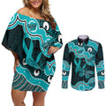 Cyan Ribbon PTSD Awareness Month Couples Matching Off Shoulder Short Dress and Long Sleeve Button Shirt Aboriginal Art - Aussie Hoodie