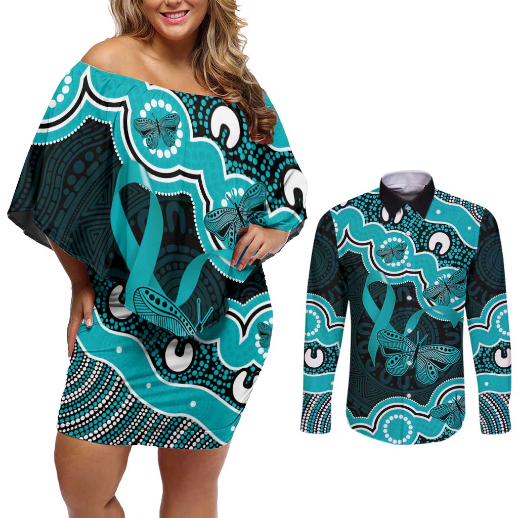 Cyan Ribbon PTSD Awareness Month Couples Matching Off Shoulder Short Dress and Long Sleeve Button Shirt Aboriginal Art - Aussie Hoodie