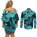 Cyan Ribbon PTSD Awareness Month Couples Matching Off Shoulder Short Dress and Long Sleeve Button Shirt Aboriginal Art - Aussie Hoodie