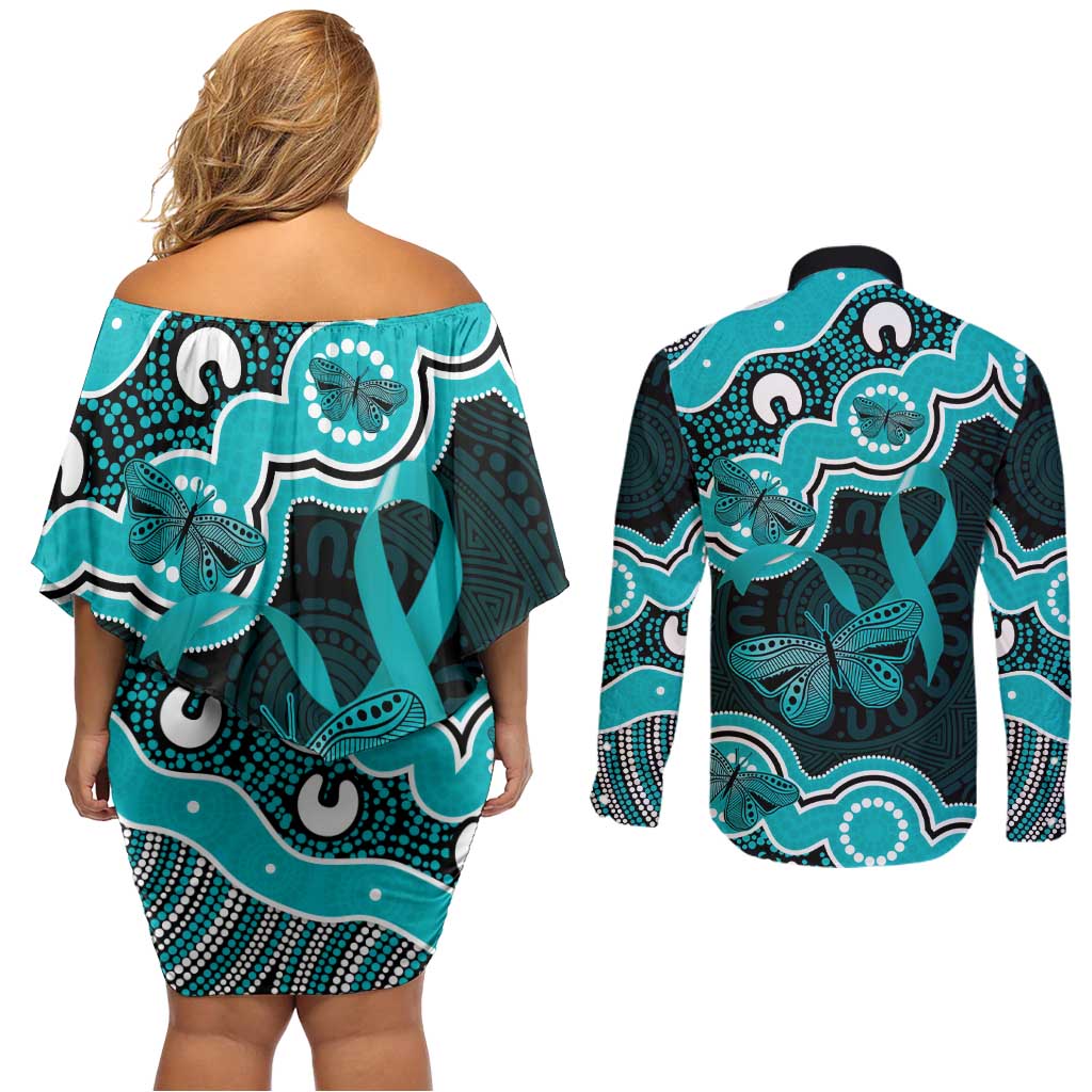 Cyan Ribbon PTSD Awareness Month Couples Matching Off Shoulder Short Dress and Long Sleeve Button Shirt Aboriginal Art - Aussie Hoodie