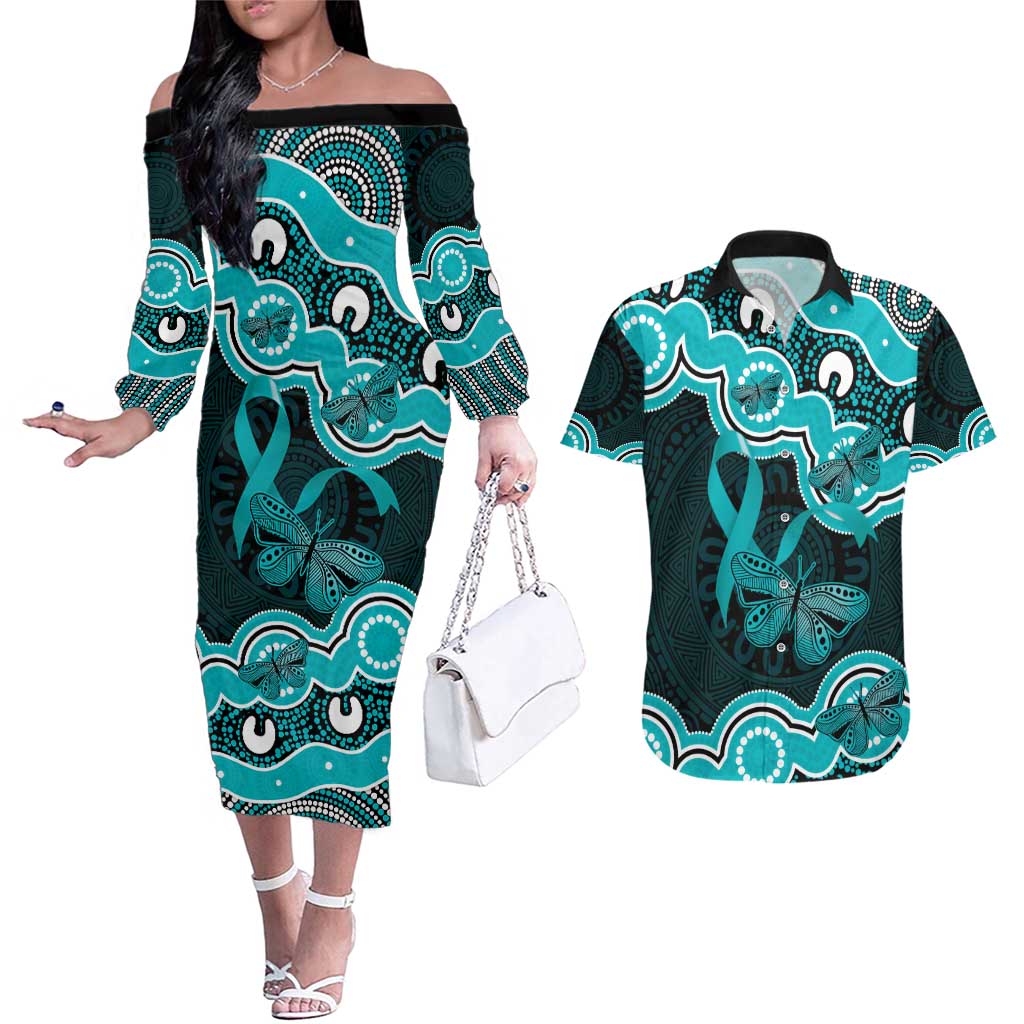 Cyan Ribbon PTSD Awareness Month Couples Matching Off The Shoulder Long Sleeve Dress and Hawaiian Shirt Aboriginal Art - Aussie Hoodie