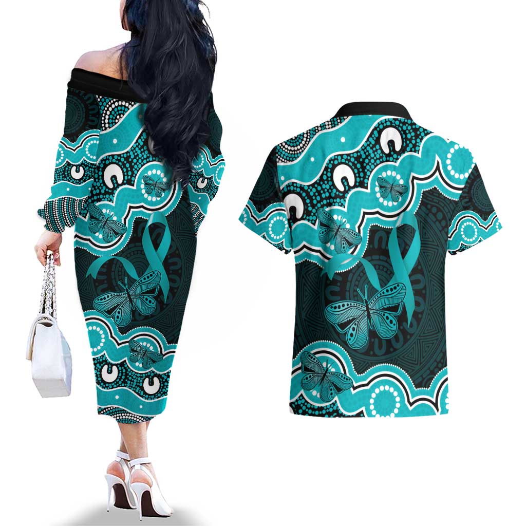Cyan Ribbon PTSD Awareness Month Couples Matching Off The Shoulder Long Sleeve Dress and Hawaiian Shirt Aboriginal Art - Aussie Hoodie