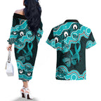 Cyan Ribbon PTSD Awareness Month Couples Matching Off The Shoulder Long Sleeve Dress and Hawaiian Shirt Aboriginal Art - Aussie Hoodie