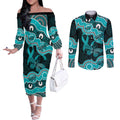 Cyan Ribbon PTSD Awareness Month Couples Matching Off The Shoulder Long Sleeve Dress and Long Sleeve Button Shirt Aboriginal Art - Aussie Hoodie