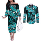 Cyan Ribbon PTSD Awareness Month Couples Matching Off The Shoulder Long Sleeve Dress and Long Sleeve Button Shirt Aboriginal Art - Aussie Hoodie