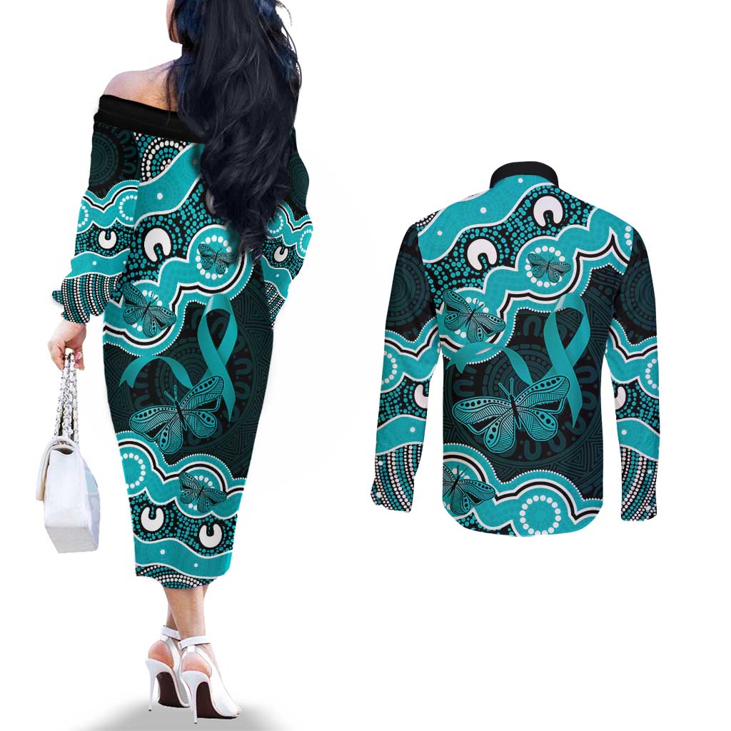 Cyan Ribbon PTSD Awareness Month Couples Matching Off The Shoulder Long Sleeve Dress and Long Sleeve Button Shirt Aboriginal Art - Aussie Hoodie