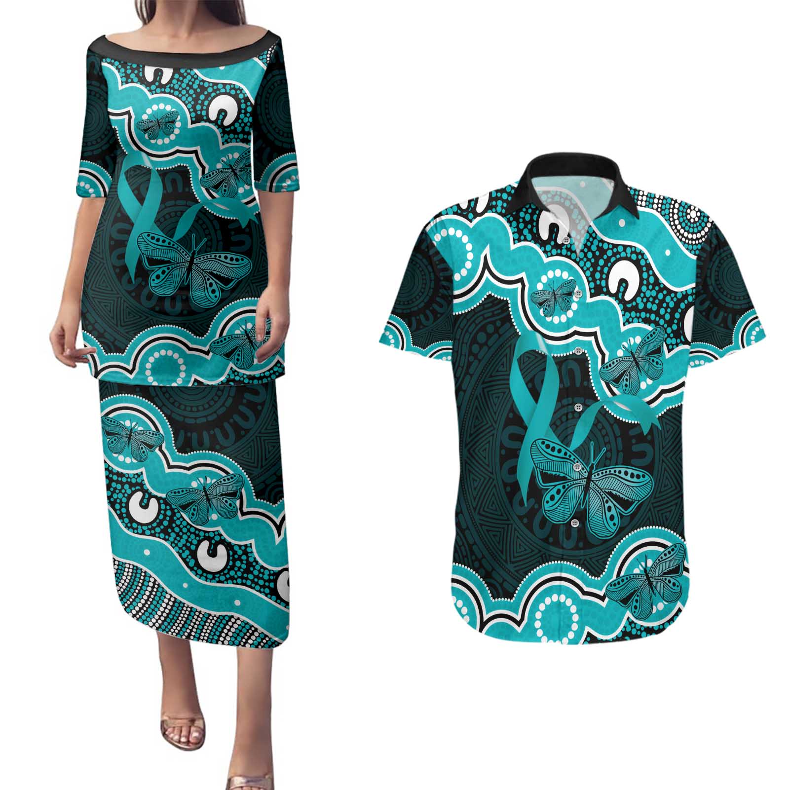 Cyan Ribbon PTSD Awareness Month Couples Matching Puletasi and Hawaiian Shirt Aboriginal Art - Aussie Hoodie