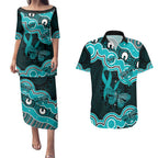 Cyan Ribbon PTSD Awareness Month Couples Matching Puletasi and Hawaiian Shirt Aboriginal Art - Aussie Hoodie