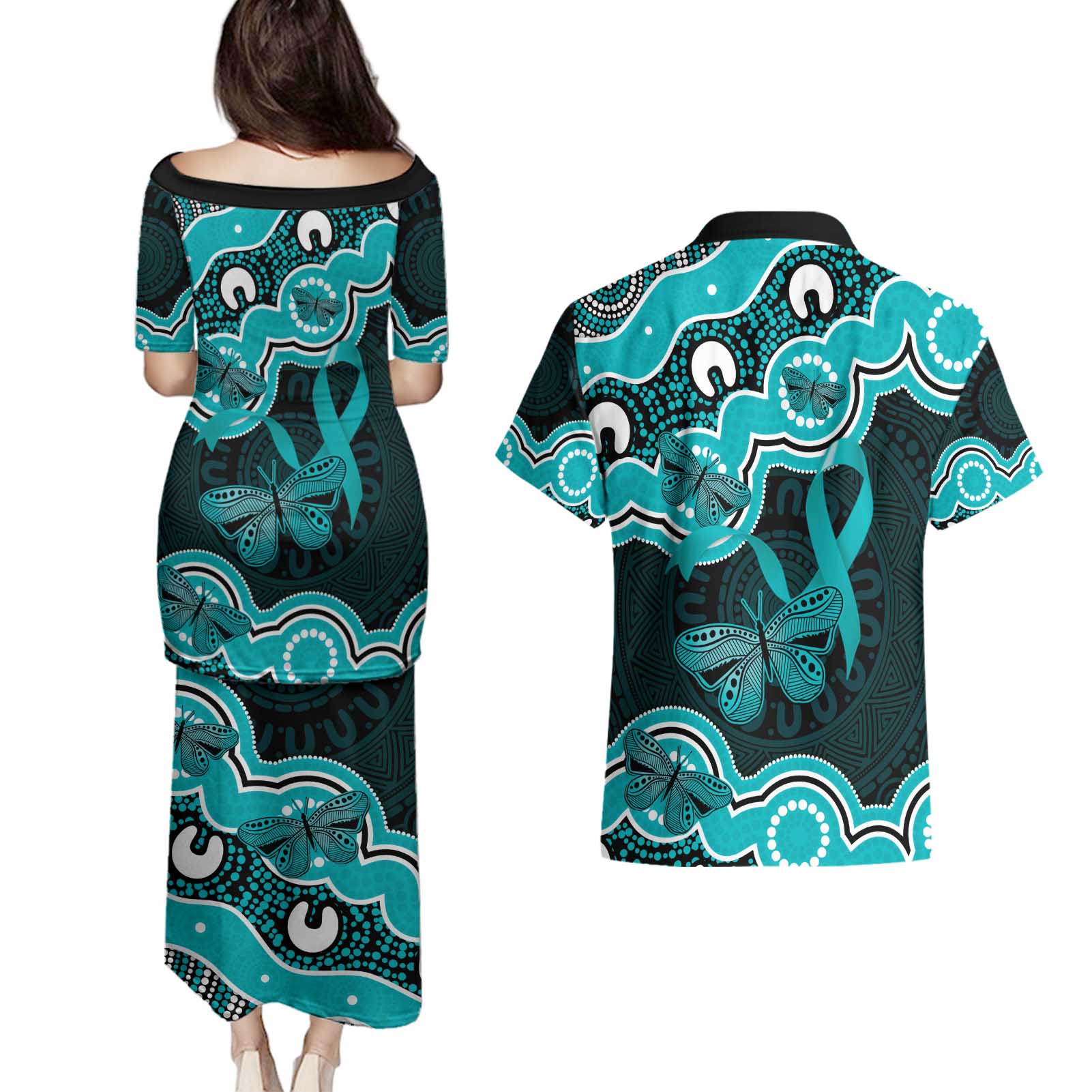 Cyan Ribbon PTSD Awareness Month Couples Matching Puletasi and Hawaiian Shirt Aboriginal Art - Aussie Hoodie