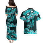 Cyan Ribbon PTSD Awareness Month Couples Matching Puletasi and Hawaiian Shirt Aboriginal Art - Aussie Hoodie