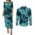 Cyan Ribbon PTSD Awareness Month Couples Matching Puletasi and Long Sleeve Button Shirt Aboriginal Art - Aussie Hoodie