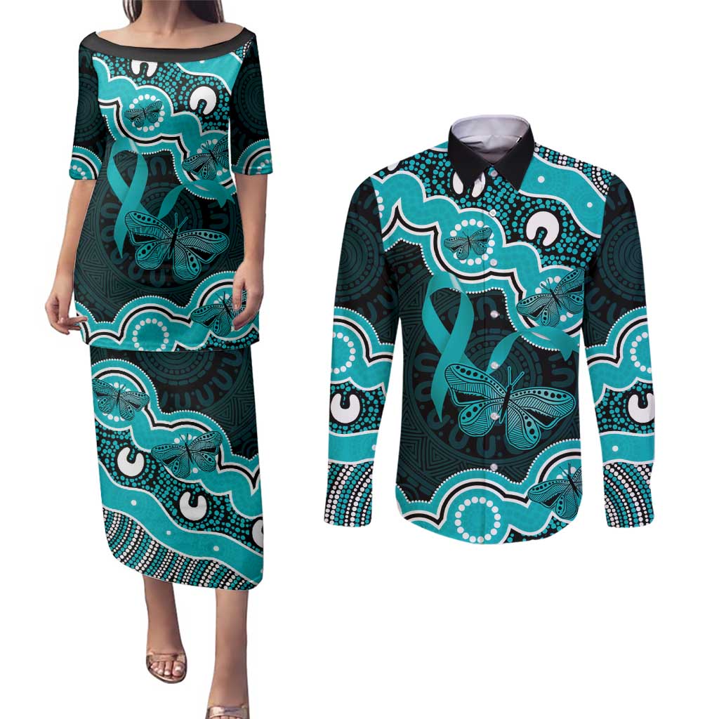 Cyan Ribbon PTSD Awareness Month Couples Matching Puletasi and Long Sleeve Button Shirt Aboriginal Art - Aussie Hoodie