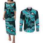 Cyan Ribbon PTSD Awareness Month Couples Matching Puletasi and Long Sleeve Button Shirt Aboriginal Art - Aussie Hoodie