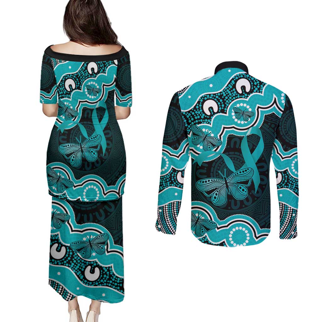 Cyan Ribbon PTSD Awareness Month Couples Matching Puletasi and Long Sleeve Button Shirt Aboriginal Art - Aussie Hoodie