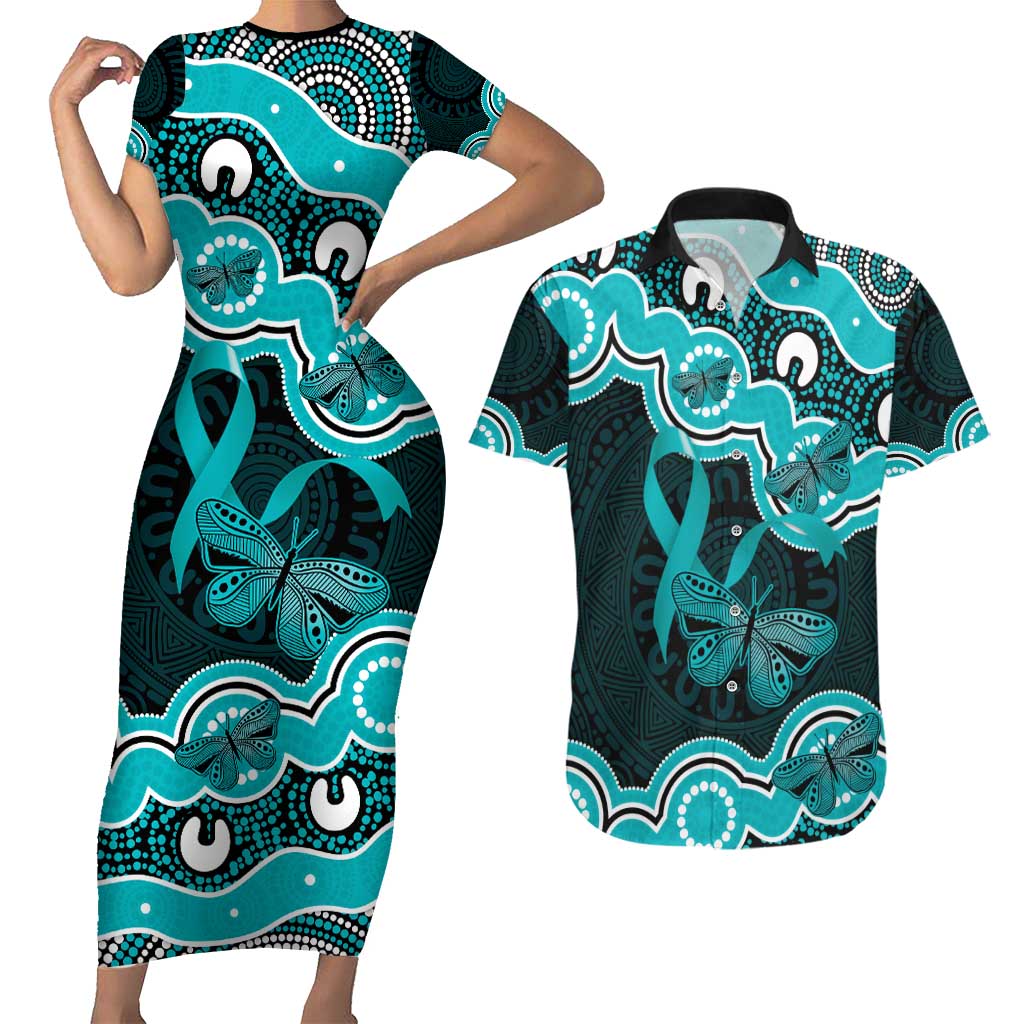 Cyan Ribbon PTSD Awareness Month Couples Matching Short Sleeve Bodycon Dress and Hawaiian Shirt Aboriginal Art - Aussie Hoodie