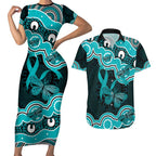 Cyan Ribbon PTSD Awareness Month Couples Matching Short Sleeve Bodycon Dress and Hawaiian Shirt Aboriginal Art - Aussie Hoodie