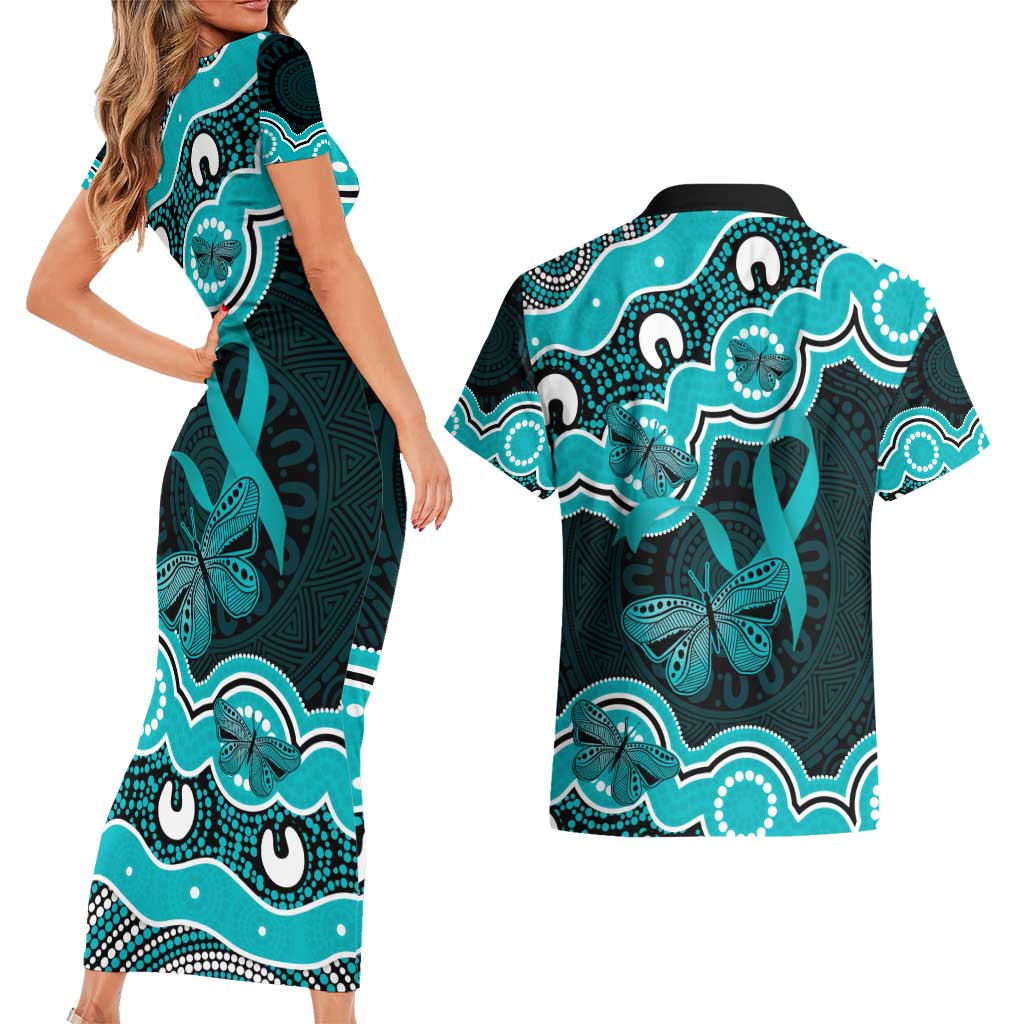 Cyan Ribbon PTSD Awareness Month Couples Matching Short Sleeve Bodycon Dress and Hawaiian Shirt Aboriginal Art - Aussie Hoodie