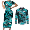 Cyan Ribbon PTSD Awareness Month Couples Matching Short Sleeve Bodycon Dress and Long Sleeve Button Shirt Aboriginal Art - Aussie Hoodie