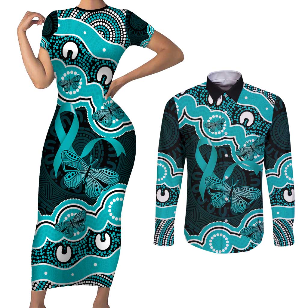 Cyan Ribbon PTSD Awareness Month Couples Matching Short Sleeve Bodycon Dress and Long Sleeve Button Shirt Aboriginal Art - Aussie Hoodie