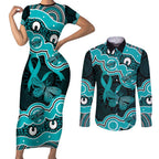 Cyan Ribbon PTSD Awareness Month Couples Matching Short Sleeve Bodycon Dress and Long Sleeve Button Shirt Aboriginal Art - Aussie Hoodie
