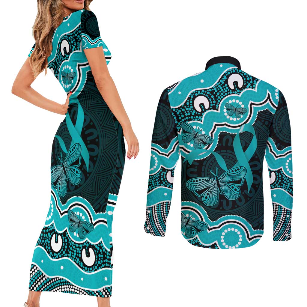 Cyan Ribbon PTSD Awareness Month Couples Matching Short Sleeve Bodycon Dress and Long Sleeve Button Shirt Aboriginal Art - Aussie Hoodie