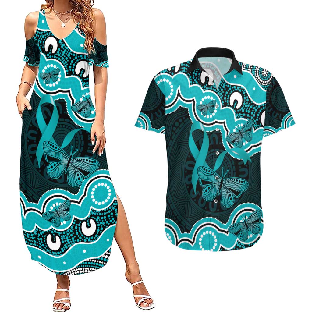 Cyan Ribbon PTSD Awareness Month Couples Matching Summer Maxi Dress and Hawaiian Shirt Aboriginal Art - Aussie Hoodie