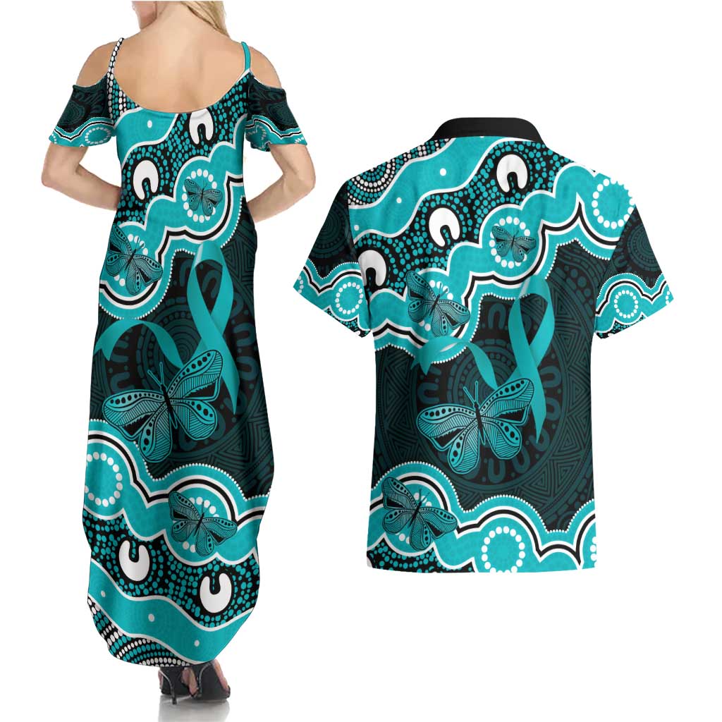 Cyan Ribbon PTSD Awareness Month Couples Matching Summer Maxi Dress and Hawaiian Shirt Aboriginal Art - Aussie Hoodie