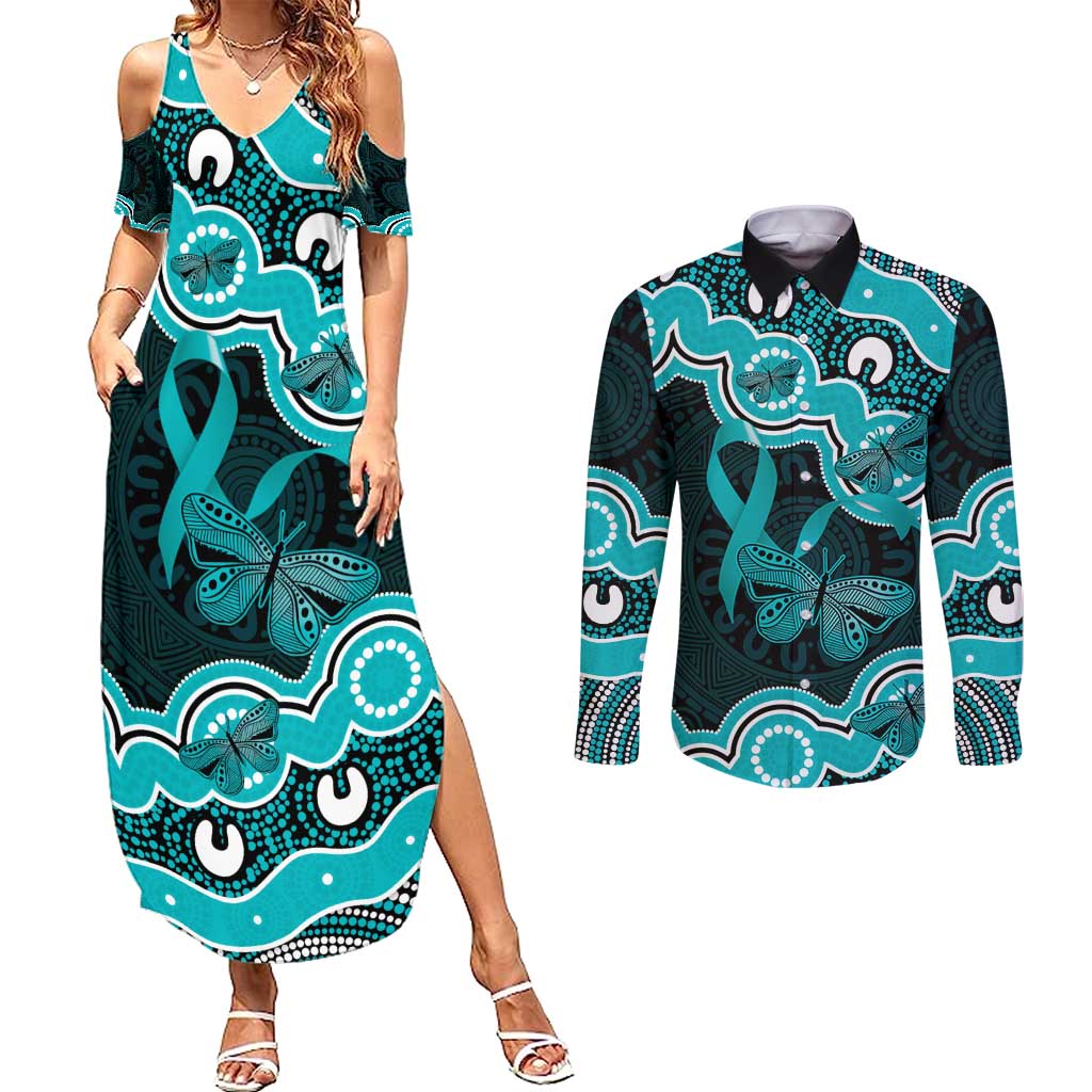 Cyan Ribbon PTSD Awareness Month Couples Matching Summer Maxi Dress and Long Sleeve Button Shirt Aboriginal Art - Aussie Hoodie
