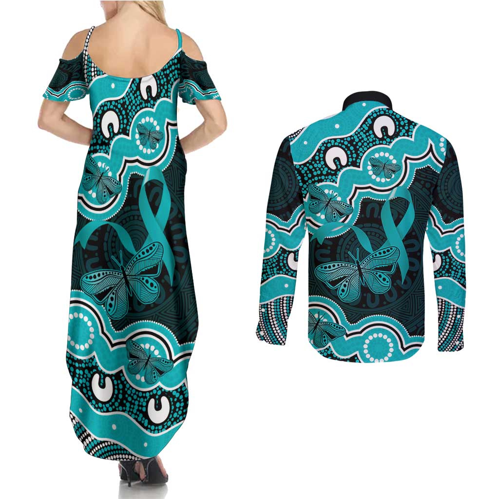 Cyan Ribbon PTSD Awareness Month Couples Matching Summer Maxi Dress and Long Sleeve Button Shirt Aboriginal Art - Aussie Hoodie