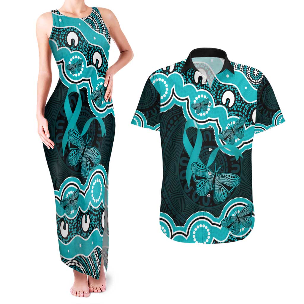 Cyan Ribbon PTSD Awareness Month Couples Matching Tank Maxi Dress and Hawaiian Shirt Aboriginal Art - Aussie Hoodie