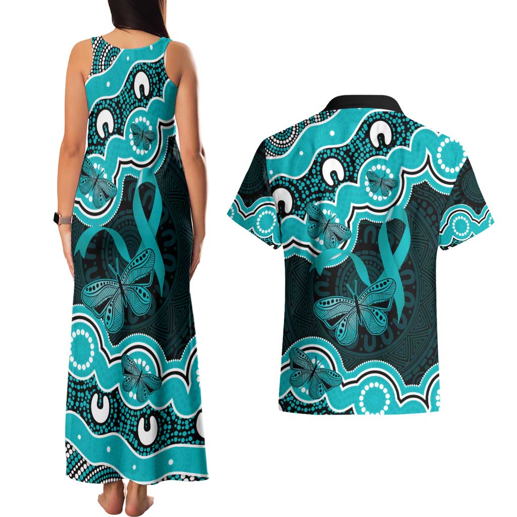 Cyan Ribbon PTSD Awareness Month Couples Matching Tank Maxi Dress and Hawaiian Shirt Aboriginal Art - Aussie Hoodie