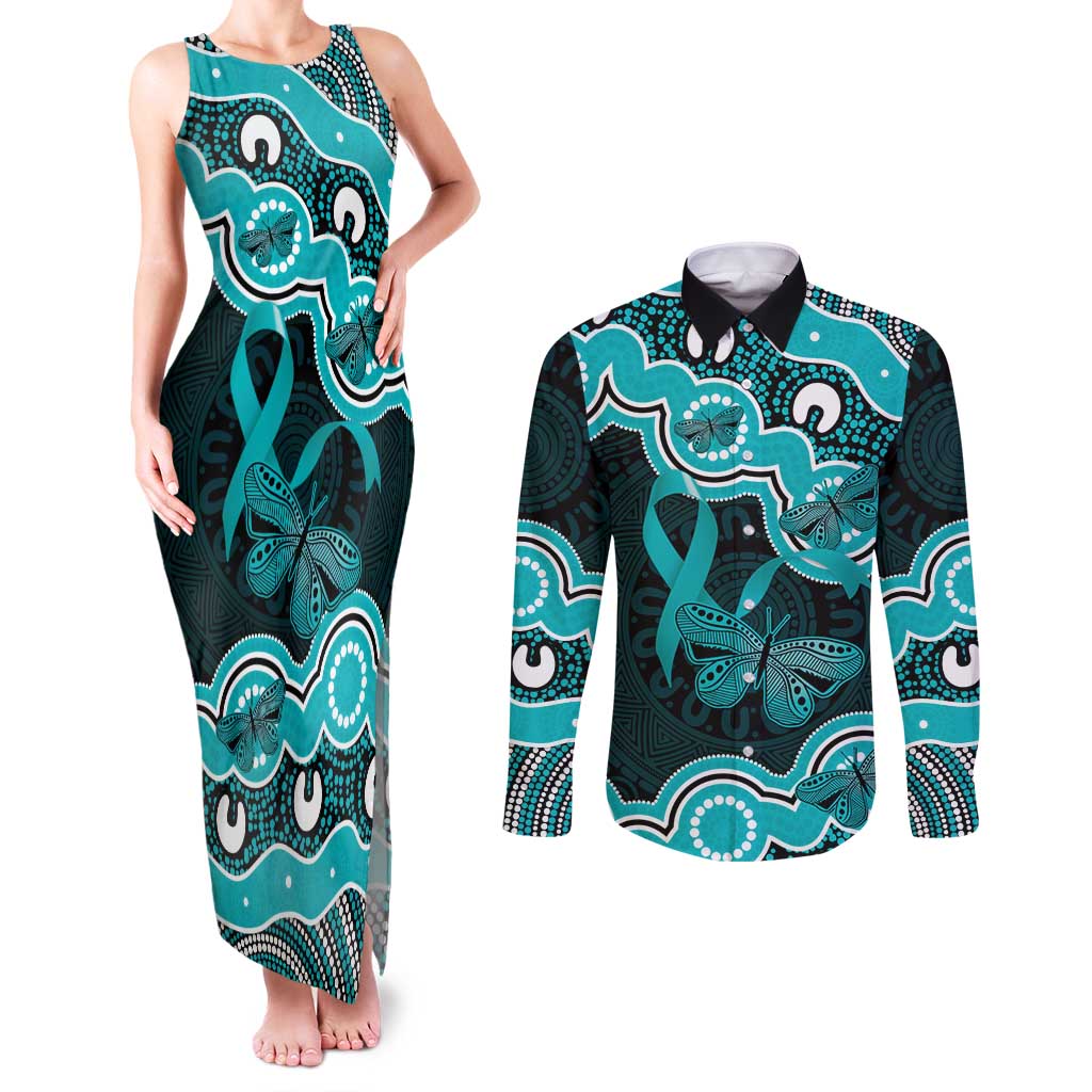 Cyan Ribbon PTSD Awareness Month Couples Matching Tank Maxi Dress and Long Sleeve Button Shirt Aboriginal Art - Aussie Hoodie