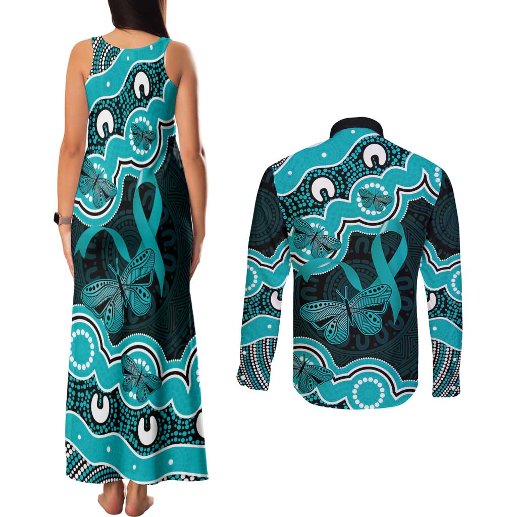 Cyan Ribbon PTSD Awareness Month Couples Matching Tank Maxi Dress and Long Sleeve Button Shirt Aboriginal Art - Aussie Hoodie