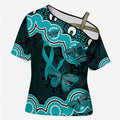 Cyan Ribbon PTSD Awareness Month Cross Shoulder Shirt Aboriginal Art - Aussie Hoodie