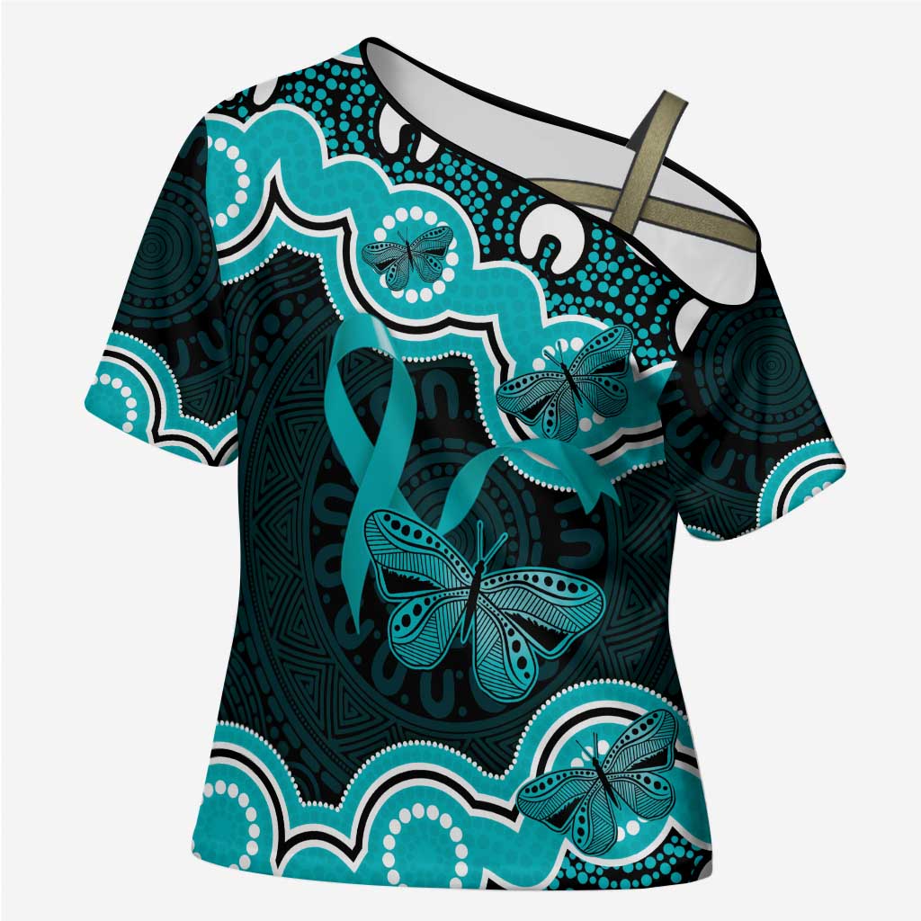 Cyan Ribbon PTSD Awareness Month Cross Shoulder Shirt Aboriginal Art - Aussie Hoodie