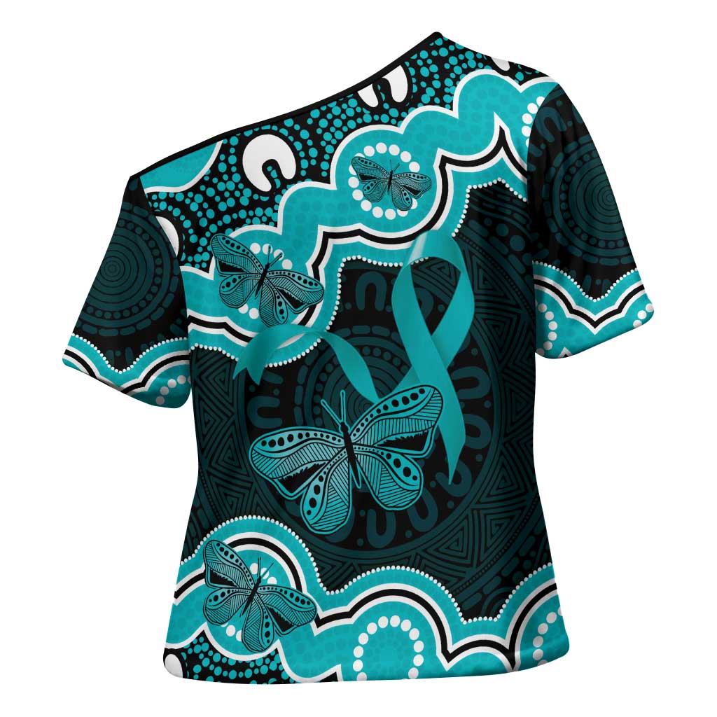 Cyan Ribbon PTSD Awareness Month Cross Shoulder Shirt Aboriginal Art - Aussie Hoodie