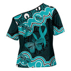 Cyan Ribbon PTSD Awareness Month Cross Shoulder Shirt Aboriginal Art - Aussie Hoodie