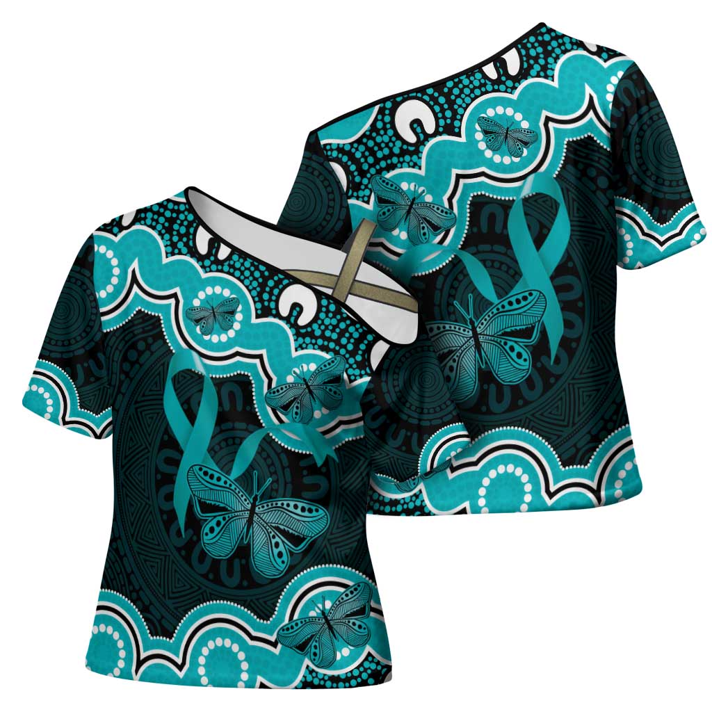 Cyan Ribbon PTSD Awareness Month Cross Shoulder Shirt Aboriginal Art - Aussie Hoodie