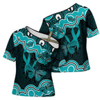Cyan Ribbon PTSD Awareness Month Cross Shoulder Shirt Aboriginal Art - Aussie Hoodie